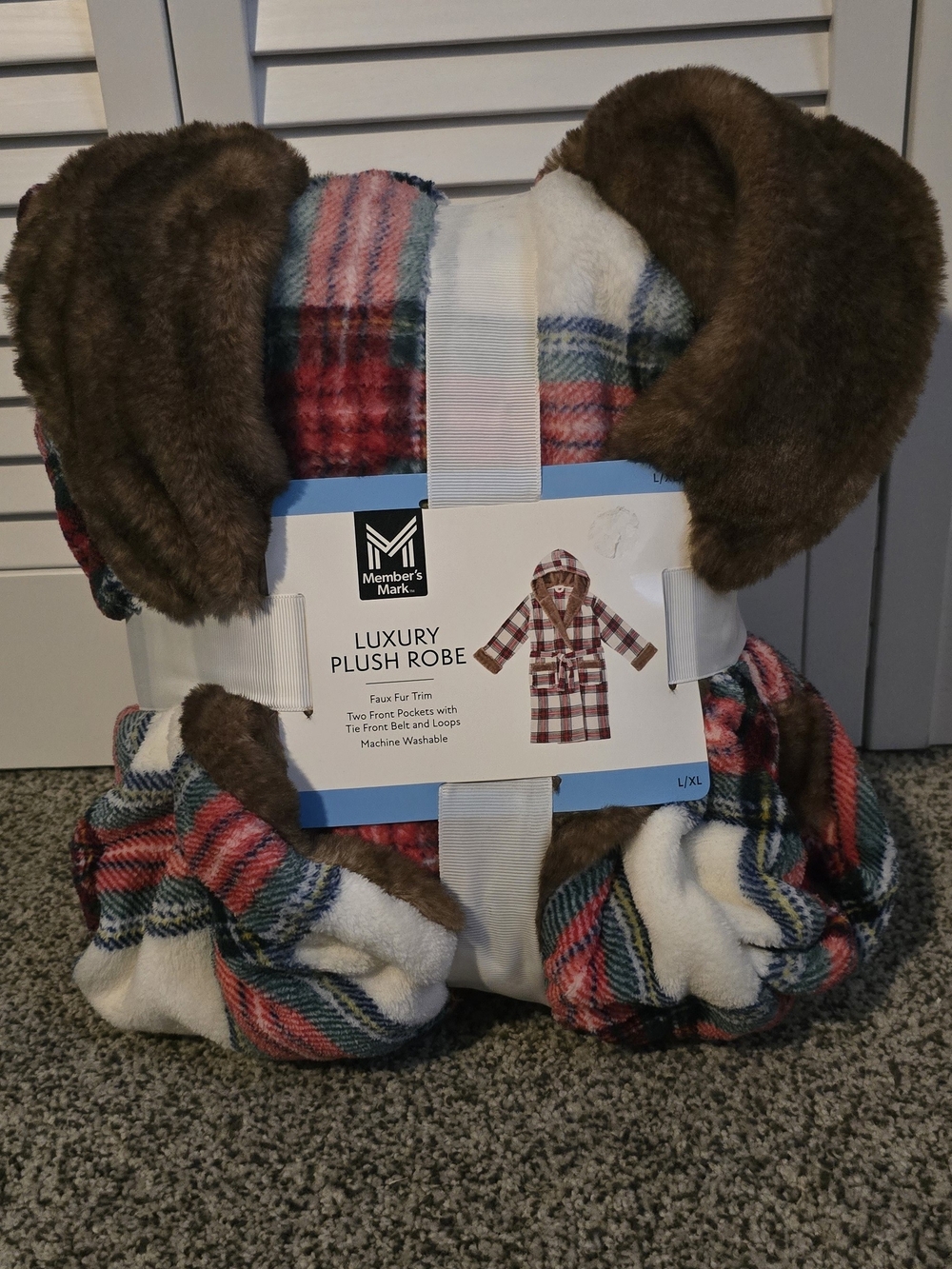 Plush Robe - Red Plaid with Brown Faux Fur Trim